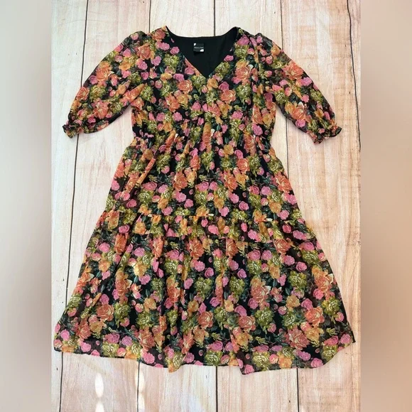 Maison Tara Quarter Sleeve Maxi Floral Dress Size 16 Flowy Party fall office - Picture 2 of 6